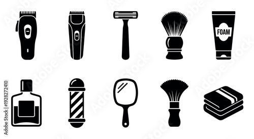 Collection of black barbershop silhouette icons including a razor, clipper, shaving brush, foam, and barber pole for men's grooming and hairstyling concepts