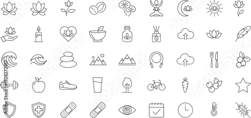 Wellness and Healthy Lifestyle Icon Set Featuring Lotus Flowers Yoga Poses Essential Oils Stones Fitness Gear and Natural Nutrition Symbols