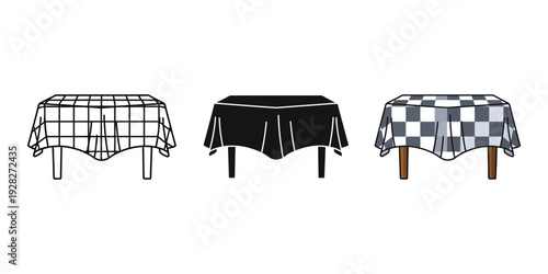 Three tables with different tablecloths black and white patterns illustration of dining or event setup