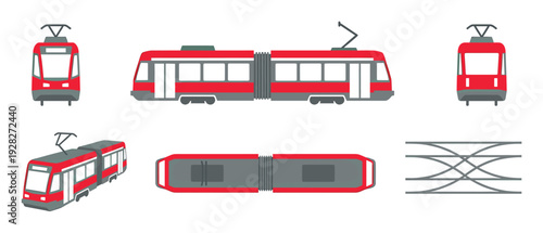 Red and grey modern tram illustration set showing different views including front, side, top, and isometric perspective in a flat vector design style for transportation concepts