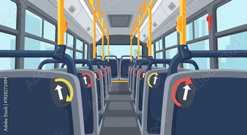 Bus Interior with Empty Seats and Handrails.