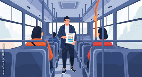Man Standing Inside Bus Holding Newspaper.