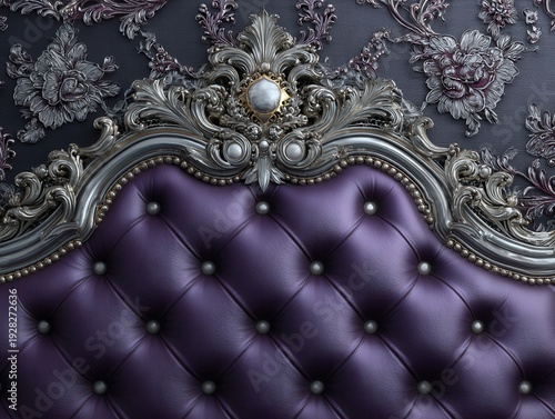 화려한 은색 조각 장식과 진주 포인트가 돋보이는 보라색 가죽 터프티드 침대 헤드보드가 고풍스러운 꽃무늬 벽지와 어우러진 고급스럽고 우아한 클래식 인테리어 디자인.