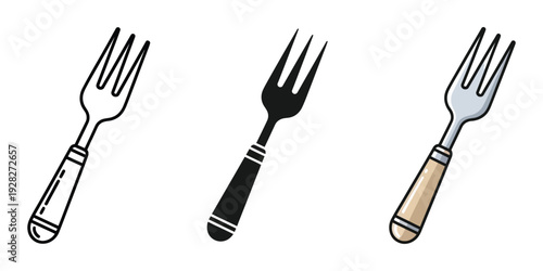 Three forks with different handles on white background illustration of dining utensils