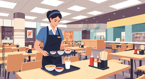 Cafeteria Worker Arranging Food on Table.