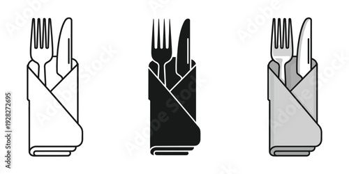 Set of tableware icons with napkin and cutlery in black white and gray on clean background for restaurant or dining concept