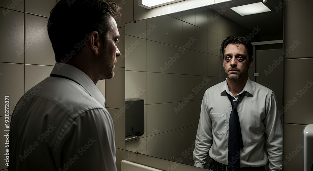 Fototapeta premium Corporate professional looking at mirror in office restroom exhausted reflection staring back dramatic lighting realistic emotional detail