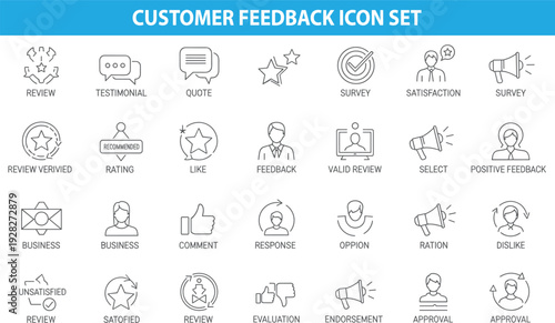 Customer feedback icon set, review rating, testimonial survey, satisfaction symbols, business evaluation, positive negative response, line vector illustration