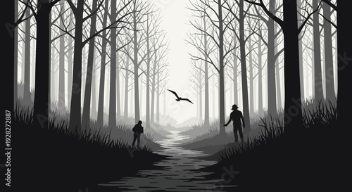 Silhouetted figures observe bird flying over river through monochrome forest