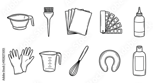 Set of professional hair coloring tools including a brush, bowl, gloves, and color palette, hand-drawn in a simple black and white doodle line art illustration style