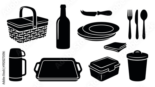 Collection of black picnic items including a wicker basket, wine bottle, plates, and cutlery, presented as a simple silhouette icon set for outdoor dining concepts