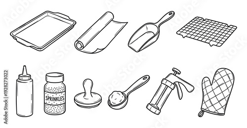 Collection of hand-drawn baking equipment and pastry tools including a baking sheet, cooling rack, cookie press, and oven mitt in a simple black outline doodle style