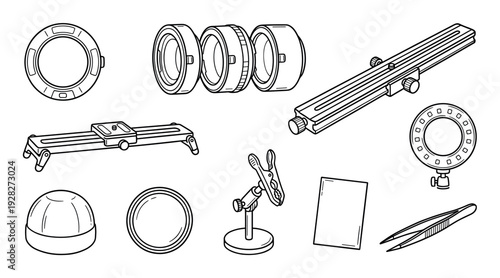 Set of hand-drawn macro photography equipment including a focusing rail, extension tubes, ring flash, and various accessories in a clean black and white outline doodle style