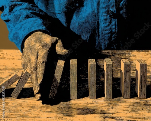 거친 손으로 쓰러지는 나무 블록들의 도미노 현상을 멈추어 위기를 극복하고 연쇄 반응을 차단하는 비즈니스 리스크 관리와 문제 해결의 개념을 시각화한 그래픽 일러스트레이션.