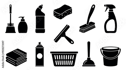 Set of black cleaning supply icons featuring a bucket, brush, sponge, plunger, and detergent for household chores and domestic tasks, presented as simple vector silhouettes