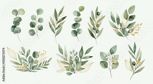 Watercolor leaves collection in soft green hues with delicate texture for wedding invitations