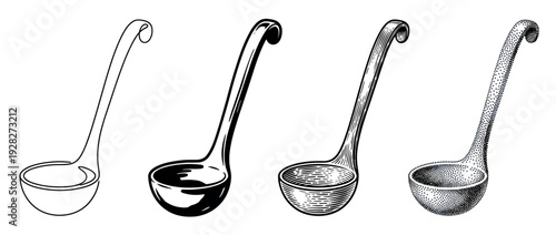Set of four soup ladles illustrated in different artistic styles, including line art, silhouette, engraving, and stippling for a classic, hand-drawn graphic design element