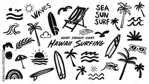 Hand drawn hawai surfing icons vector design