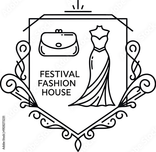 Elegant black and white line art logo design featuring a formal gown and a stylish handbag contained within an ornate crest shape representing festival fashion house branding concepts.