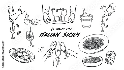 Italian Sicily Food and Wine Icons Set ? La Dolce Vita Hand Drawn Line Art Illustration