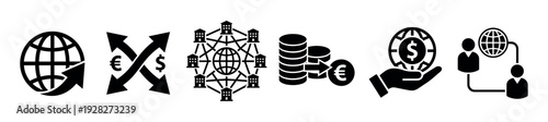 Set of black finance and business icons representing global economy, currency exchange, banking network, investment, and international communication in a minimalist glyph style