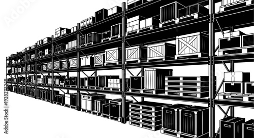 Warehouse storage racks filled with boxes and crates black and white illustration
