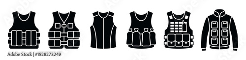 Collection of black silhouette icons showing different types of tactical vests, body armor, and utility jackets used for military, police, or outdoor personal protection equipment