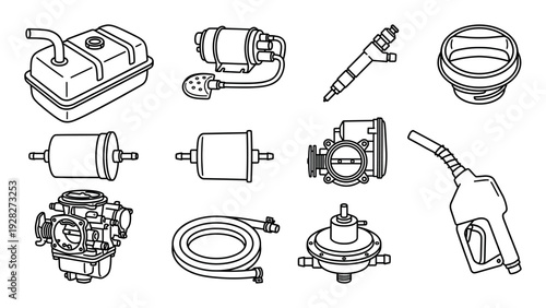 Collection of automotive fuel system parts including a tank, pump, injector, and carburetor drawn in a clean black and white line art style for technical diagrams