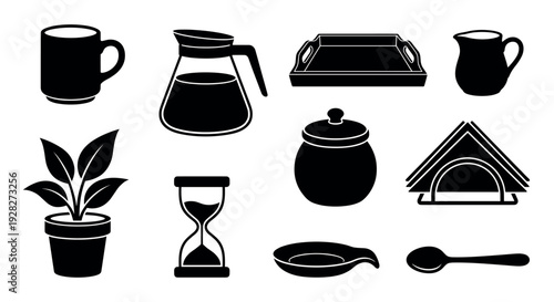 Collection of black silhouette kitchen icons for coffee and tea service, featuring a minimalist graphic style with a mug, pot, tray, sugar bowl, and other breakfast items