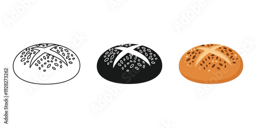 Three artisanal bread boules in white black and golden brown with sesame seeds on a clean background