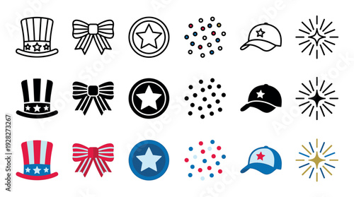 Collection of patriotic holiday icons in three different styles: line art, solid silhouette, and full color, featuring a top hat, bow, star, confetti, cap, and firework