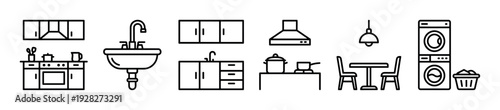 Minimalist black line art icon set of kitchen and home elements including furniture, appliances, and laundry items like a stove, sink, and washer for interior design concepts
