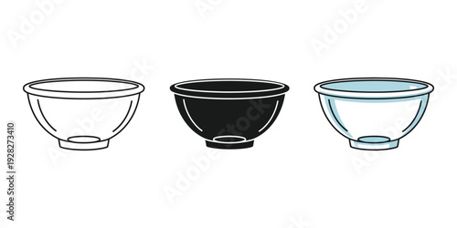Three bowls in different colors and line art styles on white background for design and template usage