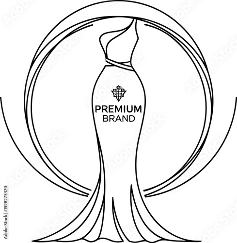 Elegant black and white line art logo design featuring a sophisticated mermaid style evening gown enclosed within a modern circular frame suggesting luxury fashion brand identity