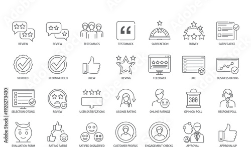 Customer review and feedback line icons set, satisfaction rating, survey, approval, business evaluation, user experience vector collection