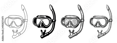 Set of four diving masks with snorkels presented in various artistic styles including simple line art, solid silhouette, vintage engraving, and modern dot work stippling