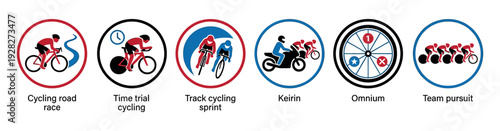 Set of six cycling sport icons representing different disciplines like road race, time trial, track sprint, keirin, omnium, and team pursuit in a simple graphic style