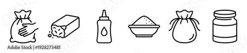 Collection of minimalist black outline icons showing a hand grabbing a sack, a crumbling brick, a squeeze bottle, a bowl of powder, a tied bag, and a jar