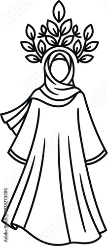Minimalist black line art drawing illustrating a woman wearing a flowing abaya and hijab adorned with a crown of delicate natural leaves symbolizing grace and nature.