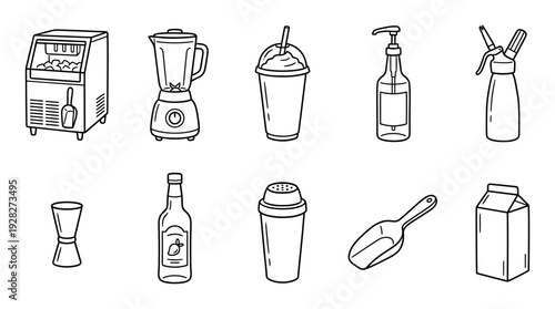 Black and white line art set of barista and bartender equipment including a blender, shaker, ice machine, syrup bottle, and milk carton for making coffee and cocktails