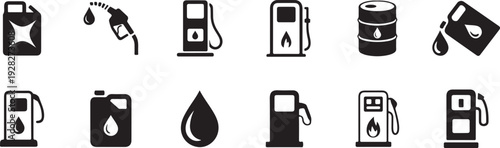 Black silhouettes of various petrol station and oil icons and symbols used for design