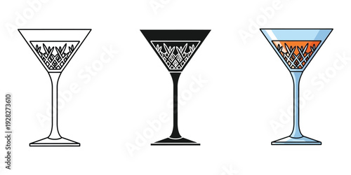 Three martini glasses in different colors and designs on white background