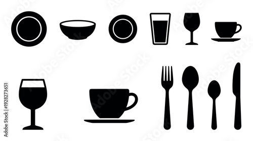 Set of black silhouette tableware icons showing various dining items like plates, bowls, glasses, cups, forks, spoons, and knives in a clean graphic vector illustration