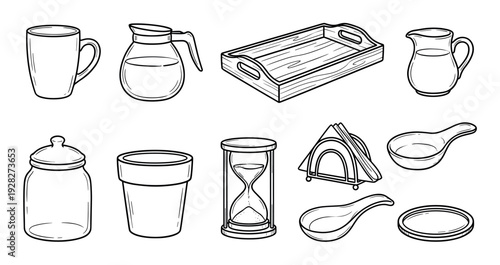 Hand-drawn collection of kitchen and dining items including a mug, coffee pot, tray, and hourglass in a simple black and white outline doodle style illustration set