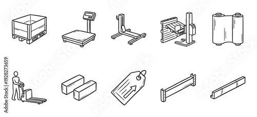 Set of warehouse and logistics icons in a hand-drawn doodle style shows various equipment and supplies like a pallet jack, industrial scale, stretch wrap, shipping tag, and boxes