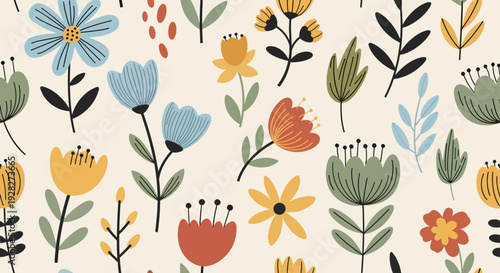 Tableau sur toile Hand-painted watercolor flowers vector pattern with playful blossoms and leafy a