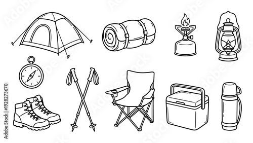 Set of camping and hiking equipment icons featuring a tent, sleeping bag, stove, lantern, compass, boots, and trekking poles in a simple black and white line art doodle style