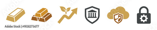 Flat finance and security icon set representing wealth, investment growth, bank protection, cloud safety, and secure settings symbols in a modern, minimalist graphic style