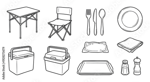 Set of hand-drawn camping and picnic equipment illustrations including a folding table, chair, cooler box, cutlery, plate, and condiments in a simple black and white line art style