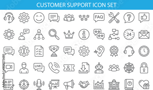 Customer support icon set, line style business symbols, help desk, service tools, communication, technology, web interface, modern vector illustration